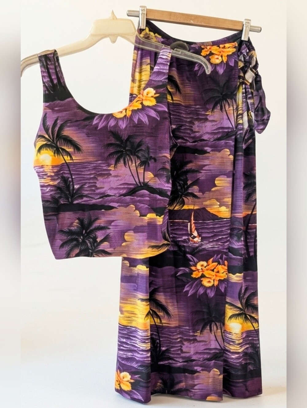 Purple Tropical Sunset Two-Piece Set Crop Top And Wrap Skirt